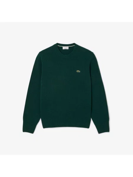 Lacoste Wełniany Sweter Z Okrągłym Kolnierzykiem zielony