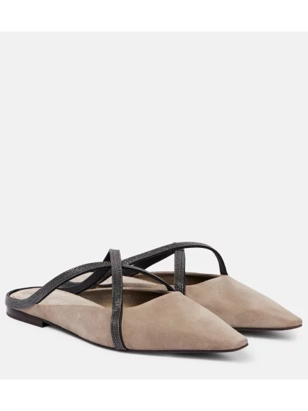 Papuci tip mules Brunello Cucinelli din piele de căprioară bej