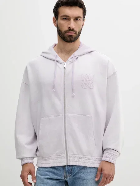 Bombažen pulover HUGO s kapuco vijolična