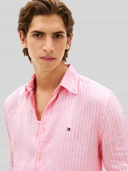 Lniana koszula Tommy Hilfiger w paski różowa