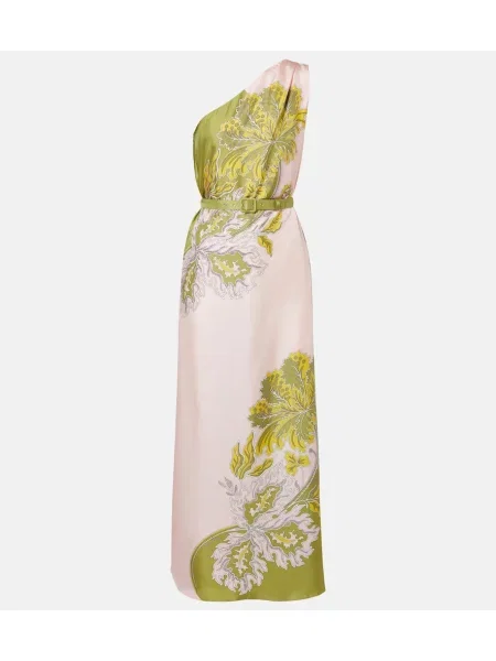 Rochie maxi La Doublej de mătase cu model floral cu un umăr gol roz