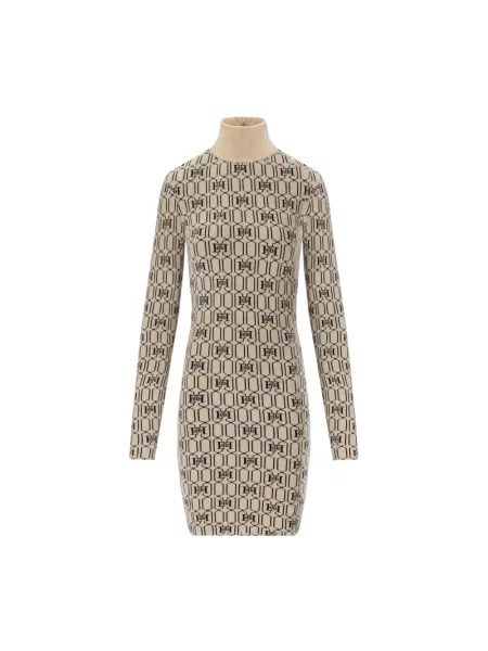 Dzianinowa sukienka Elisabetta Franchi z dekoltem w serek garniturowa beżowa