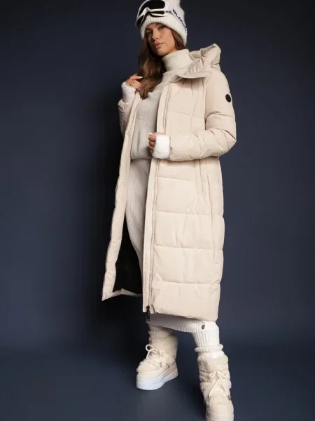 Geacă lungă matlasată foarte călduroasă cu glugă fixă Naliope bej