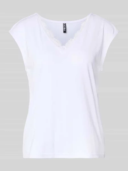 T-shirt o luźnym kroju z obszyciem koronką model ‘KAMALA’ Pieces biała
