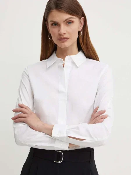 Риза BOSS Bashinah дамска с кройка по тялото с класическа яка бяло