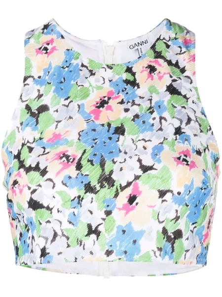 Top Ganni fără mâneci cu model floral cu imagine albastru