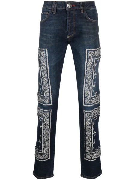 Дънки straight leg Philipp Plein бродирани с пейсли десен синьо