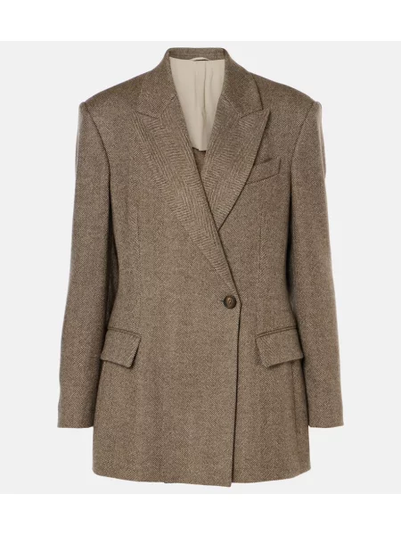 Sacou Brunello Cucinelli de lână cu model herringbone maro