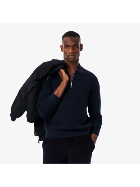 Lacoste Sweter Z Kołnierzem Polo Z Mieszanki Bawełny I Wełny granatowy