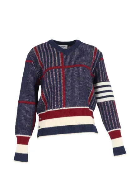 Pulover Thom Browne în carouri cu decolteu în V albastru