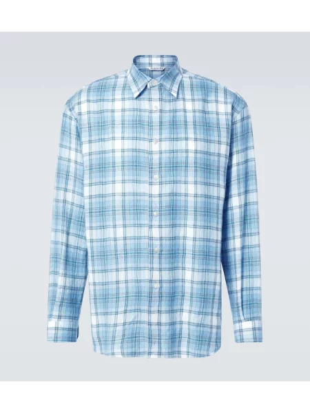 Vlněná kostkovaná vzdušný košile Auralee modrá