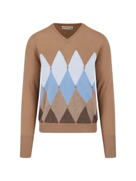 Pulover Ballantyne cu decolteu în V cu model argyle maro
