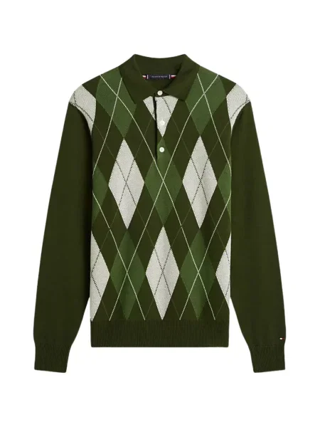 Lung tricou polo Tommy Hilfiger cu model argyle verde