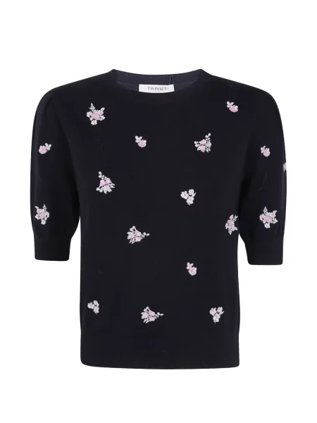 Pulover Twinset cu broderie de lână cu model floral negru