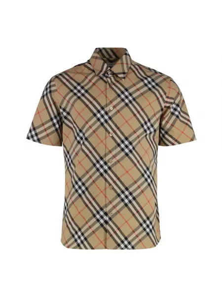 Koszula z krótkim rękawem Burberry w kratę popelinowa retro beżowa