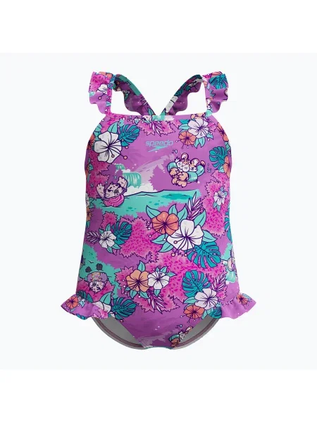 Costum de baie dintr-o piesă pentru copii Speedo Learn To Swim Printed Frill Thinstrap neon violet