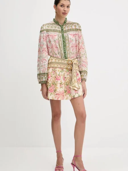 Льняна спідниця Farm Rio mini розкльошена бежевий