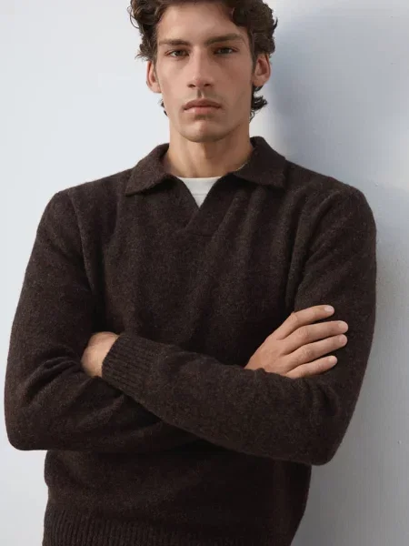 Sweter polo z mieszanki wełny alpaki czekoladowy Mężczyzna XXL MANGO MAN