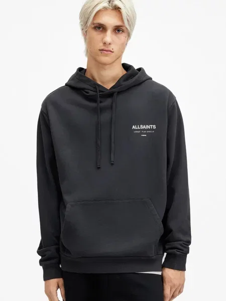 Dukserica AllSaints UNDERGROUND za muškarce tamno s kapuljačom s tiskom plava