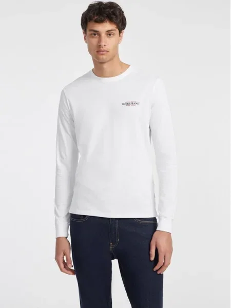 Tricou cu mânecă lungă Guess Jeans clasic alb