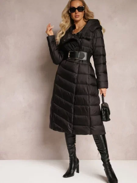 Jacheta Lungă Palton Matlasată cu Glugă Tittonna neagră