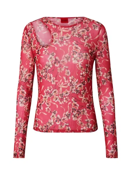 HUGO Tricou Damecia nisipiu / maro / roz pitaya alb