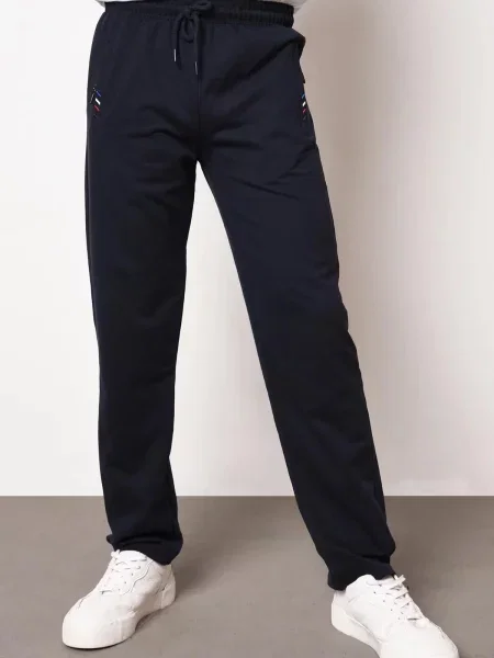 Pantaloni de trening Dewberry cu broderie cu buzunare cu fermoar albastru închis