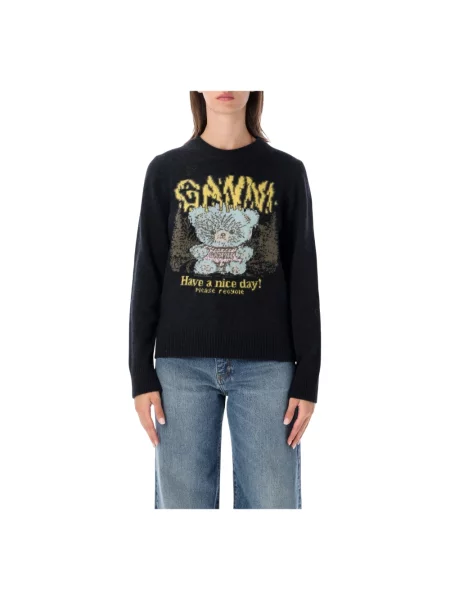 Sweter Ganni wełniany typu teddy czarny