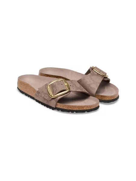 Papuci Birkenstock cu cataramă cu toc plat bej