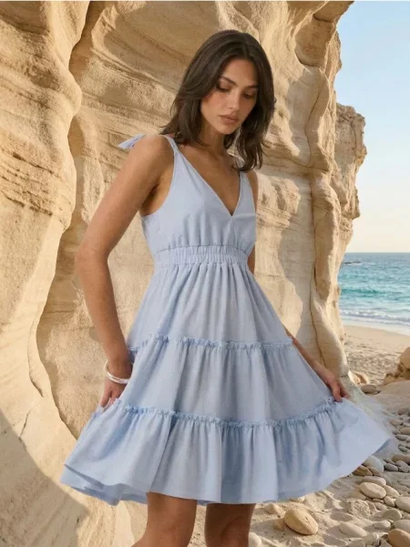 Міні сукня з ефектом ярусності з віскозою блакитний