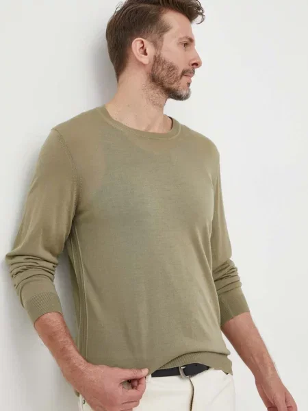 Вълнен пуловер BOSS мъжки от лека материя зелено