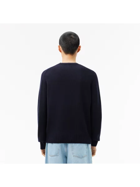 Lacoste Sweter Z Okrągłym Dekoltem Z Karbowanej Wełny granatowy