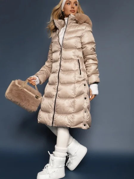 Jachetă-Palton până la genunchi Matlasată cu Glugă Detașabilă Calarin bej