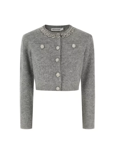 Kardigan Self-portrait wełniany z kryształkami szary