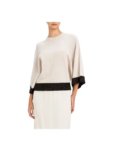 Sweter Twinset wełniany z dekoltem w łódkę o skróconej długości beżowy