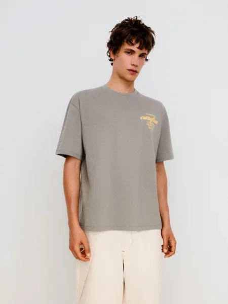 Bershka Tričko PARADISE CLUB dymovo / pastelovo oranžová šedá