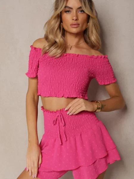 Fuksjowy Komplet Top Hiszpanka i Spódnico-Spodenki z Falbanami oraz Gumką Rinaria różowe