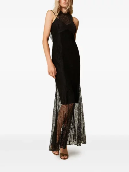 Rochie maxi Twinset din dantelă cu gât halter de costum negru