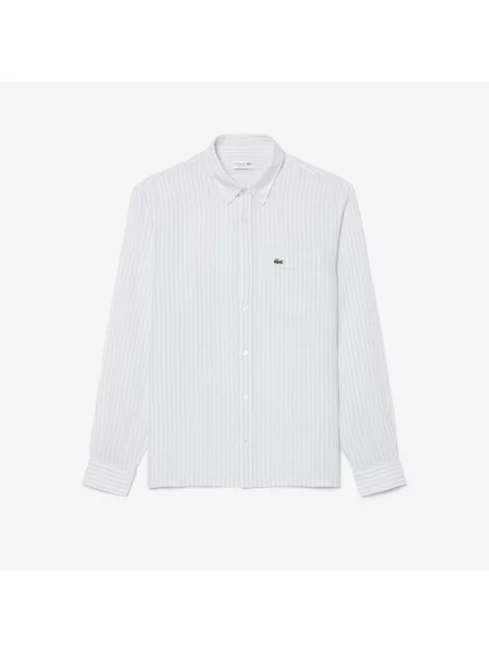 Lacoste Lniana Koszula Button-Down W Paski Regular Fit niebieska