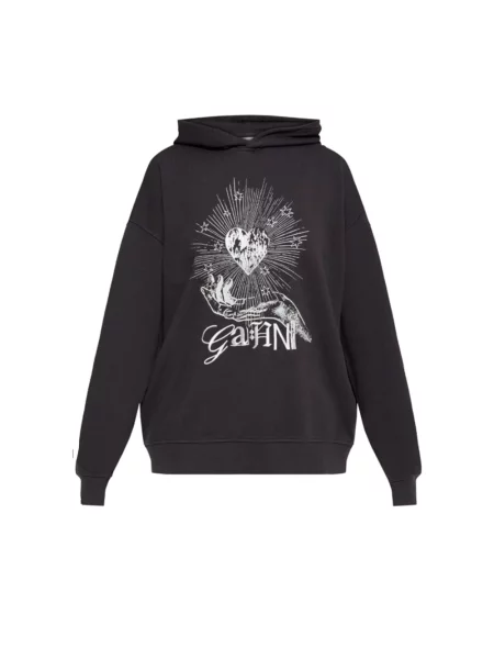 Bluza z kapturem Ganni z kapturem z nadrukiem czarna