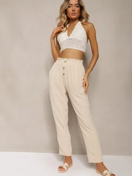 Spodnie Typu Paper Bag High Waist z Gumką w Talii Salvavia beżowe