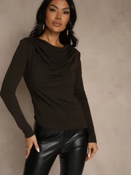 Bluzka Longsleeve o Asymetrycznym Kroju z Poduszkami w Ramionach Tusandia brązowa