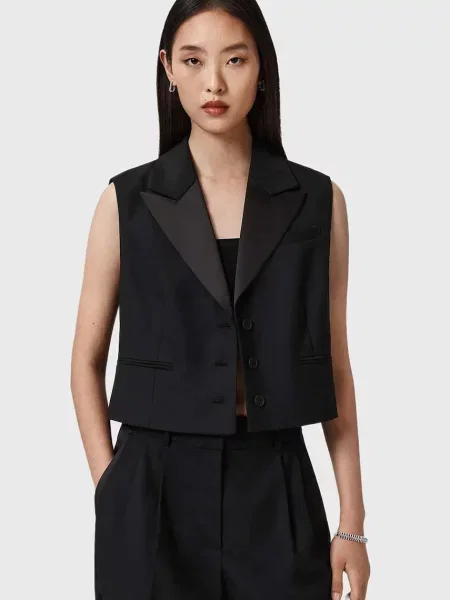 AllSaints vestă din amestec de lână un singur rând de negru