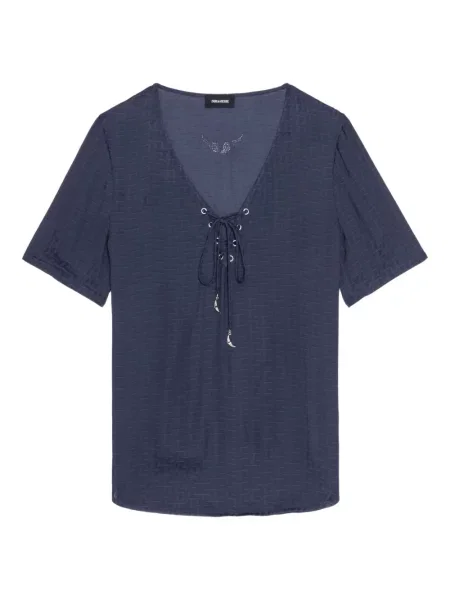 Tricou Zadig&voltaire cu decolteu în V din dantelă albastru