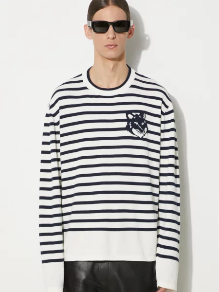 Maison Kitsuné pulover de Fox Head Intarsia Comfort Striped Jumper bleumarin light