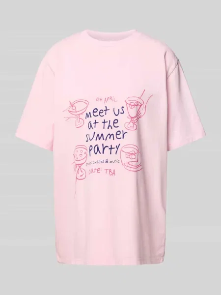 T-shirt o kroju oversized z okrągłym dekoltem model ‘Summer Party’ Oh April różowa