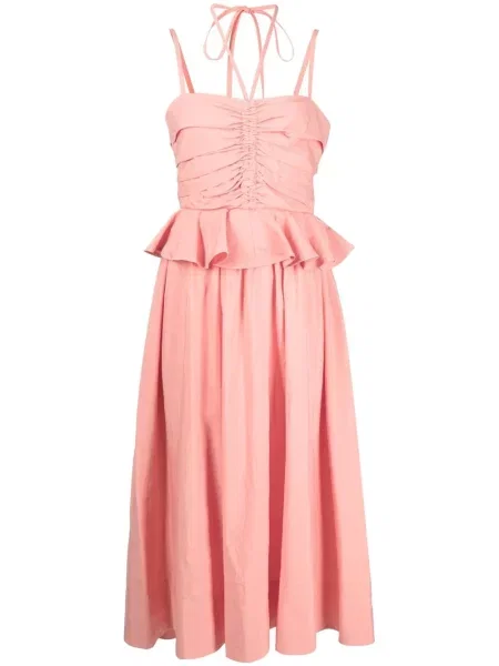 Rochie midi Ulla Johnson cu volane până la genunchi cu gât halter roz