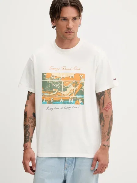 Тениска Tommy Jeans с принт бежово