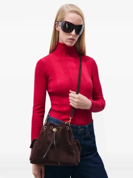 Matlasat geantă Tory Burch din piele de căprioară cu cordon maro