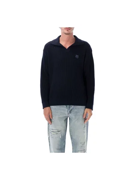 Haftowany dzianinowy sweter Maison Kitsune niebieski
